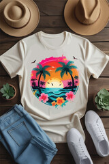 Cream TShirt with Tropical Sunset Design Flatlay