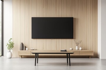 Modern, light-wood living room with TV