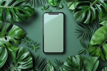 Smartphone dummy featuring verdant foliage against an emerald background and room for advertising, Generative AI.