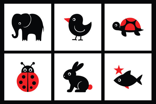 Infant Visual Stimulation Patterns, Black and white flash card with high contrast for baby vector, animals	