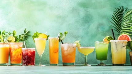 Variety of Summer Cocktails on Bar Counter with Copy Space