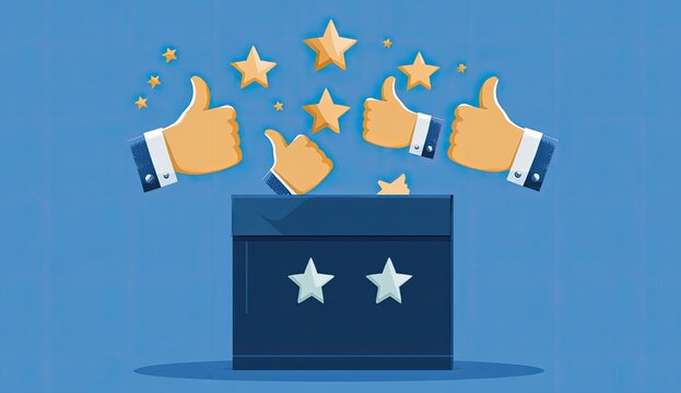Thumbs up and stars erupting from a box