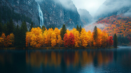 A breathtaking aerial view of a majestic waterfall flowing through a vibrant autumn forest. Colorful fall foliage surrounds the cascading waters, showcasing the beauty of nature in the fall season.