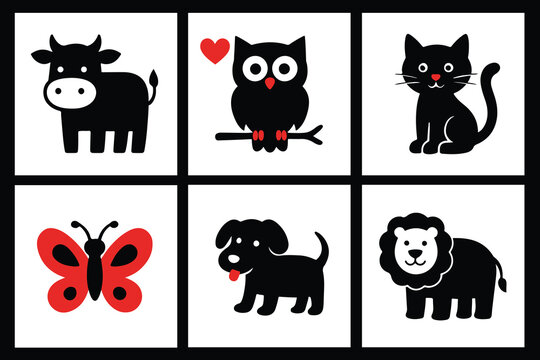 Infant Visual Stimulation Patterns, Black and white flash card with high contrast for baby vector, animals	