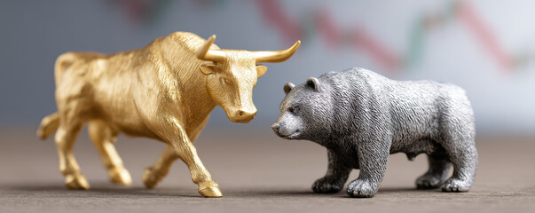 Bull and bear figurines symbolize trading and stocks market trends with dynamic energy and financial tension this close up