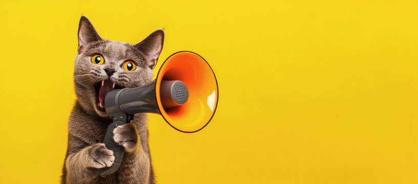 Grey cat with wide eyes holding a megaphone against a vibrant yellow background. Fun and energetic image suitable for announcements and promotions.
