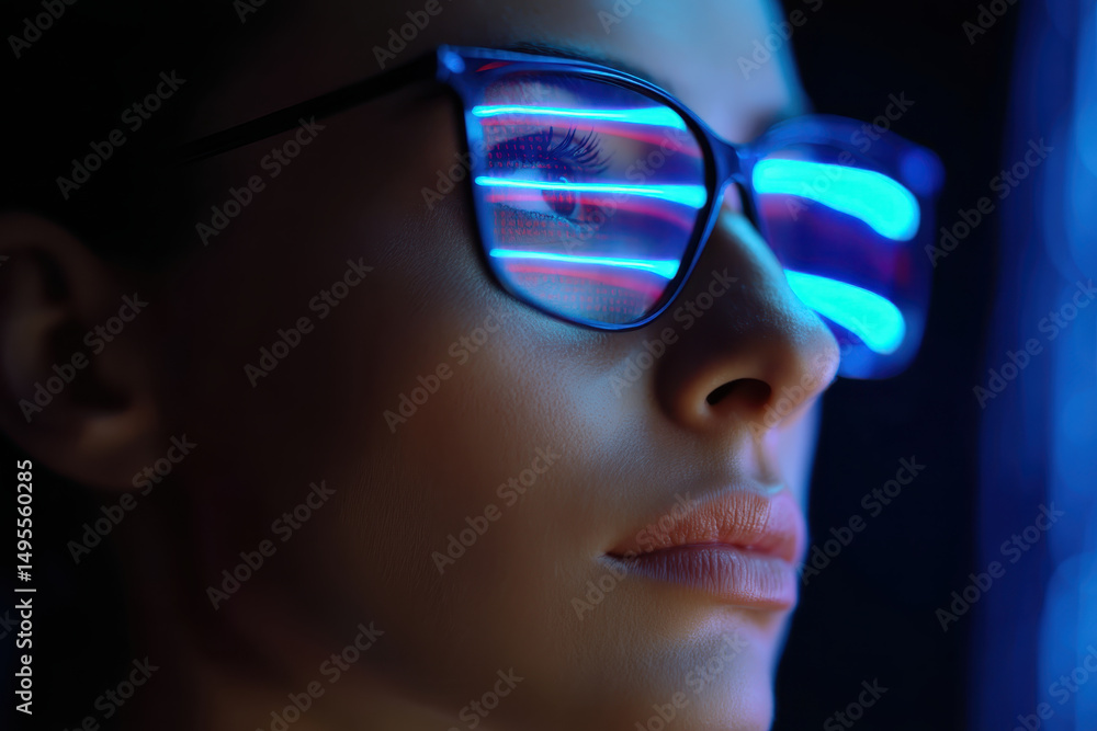 Poster close up of person wearing glasses with blue neon light reflections showing cybersecurity and hacker