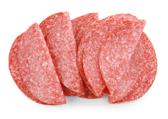 Slices of tasty smoked sausage isolated on white, top view