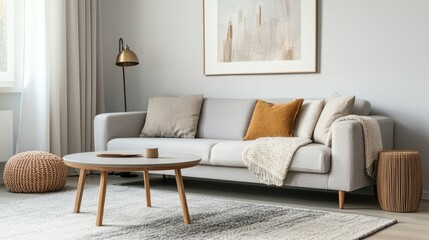 White table on carpet with grey sofa in apartment with artwork and lamp. Genuine image