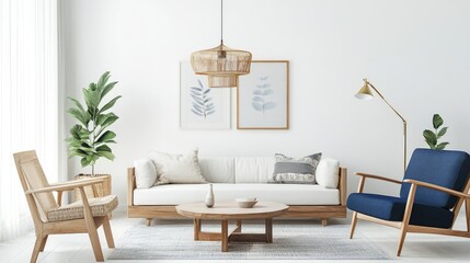 White living space with wooden couch, navy chair, lighting, and artwork