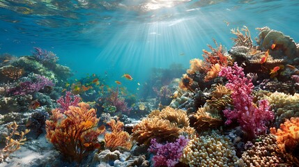 Naklejka premium Explore underwater coral reef ecosystem with colorful fish and sunlight shining through ocean water