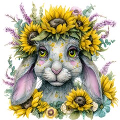 Adorable Watercolor Rabbit with Sunflower Crown