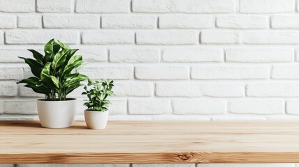 Wooden tabletop on white brick wall with natural light for product display mockup.