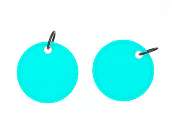 turquoise tag, round label, blank price tag, hanging plastic tag, retail marketing, 3d render, product identity, modern template, blue sale tag, clean design, commercial signage, elegant label, isolat