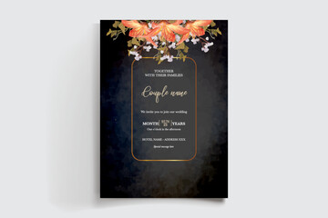 WEDDING INVITATION FRAME WITH FLOWER DECORATIONS AND FRESH LEAVES