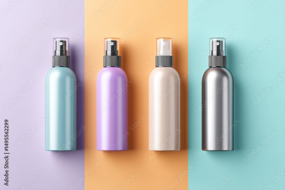 Poster stylish mockup featuring empty styling spray bottles on vibrant multicolor background