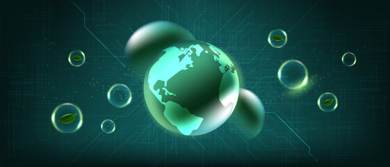 Futuristic green earth surrounded by eco bubbles and digital lines. Ideal for sustainability, clean technology, green innovation, and environmental protection concepts.