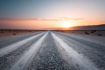 Journey through the open desert with a vibrant sunset and hints of ancient ruins in the distance