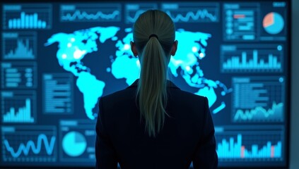 Big Data Technology for Business Finance Analytic Concept. Modern graphic interface shows massive information of business sale report, profit chart and stock market trends analysis on screen monitor.