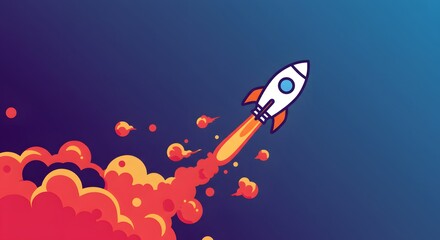 Cartoon Rocket Launching into Space, Colorful Illustration