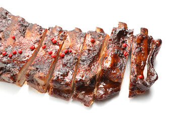 Delicious roasted pork ribs isolated on white