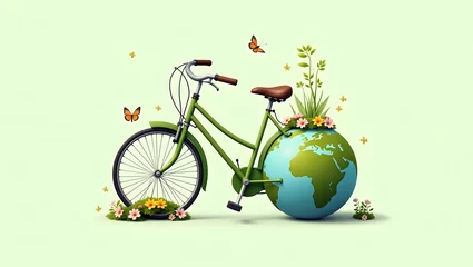 Fototapete Eco-friendly bicycle day design with a green bike, earth wheel, blooming flowers, and butterflies on a light green background © Koushik
