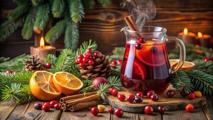 Warm Festive Beverage with Citrus and Berries, Aromatic Spices, and Evergreen Accents on Rustic Wooden Surface