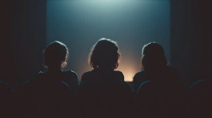 Three people watching movie in dark cinema hall audience back view entertainment and leisure activity