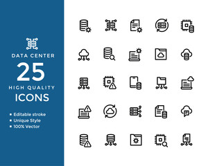 Data Center Line Icons – Editable Outline Set for Servers, Cloud, Networking & Storage