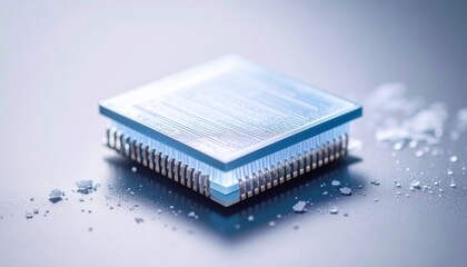 Blue Microchip Glimmering on a Dark Surface Surrounded by Crystals