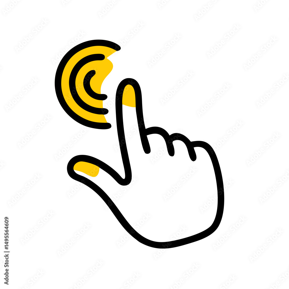 Poster doodle-style icon of a hand with a finger touching a fingerprint scan area. could be used for securi