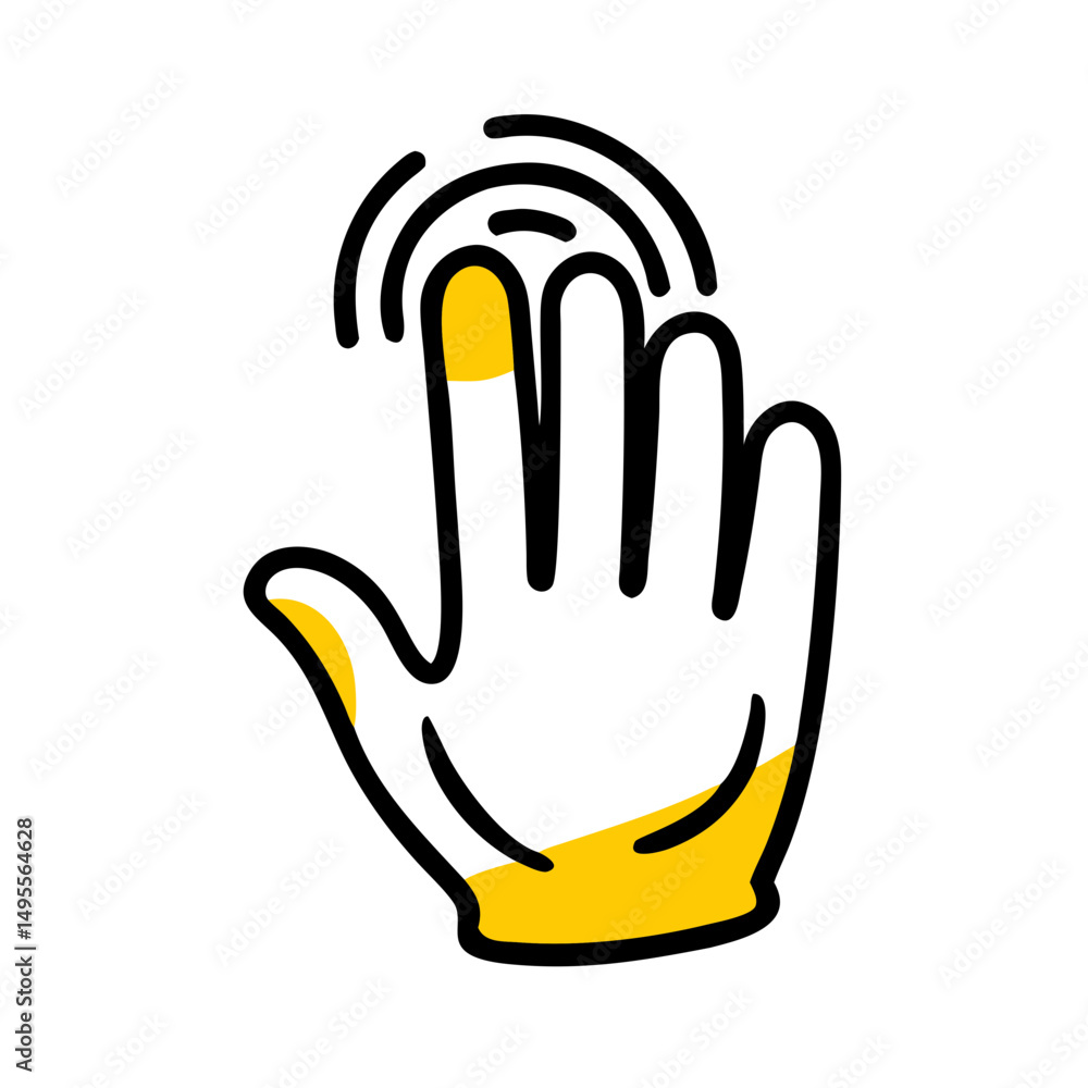 Poster doodle-style icon of a hand with a finger touching a fingerprint scan area. could be used for securi