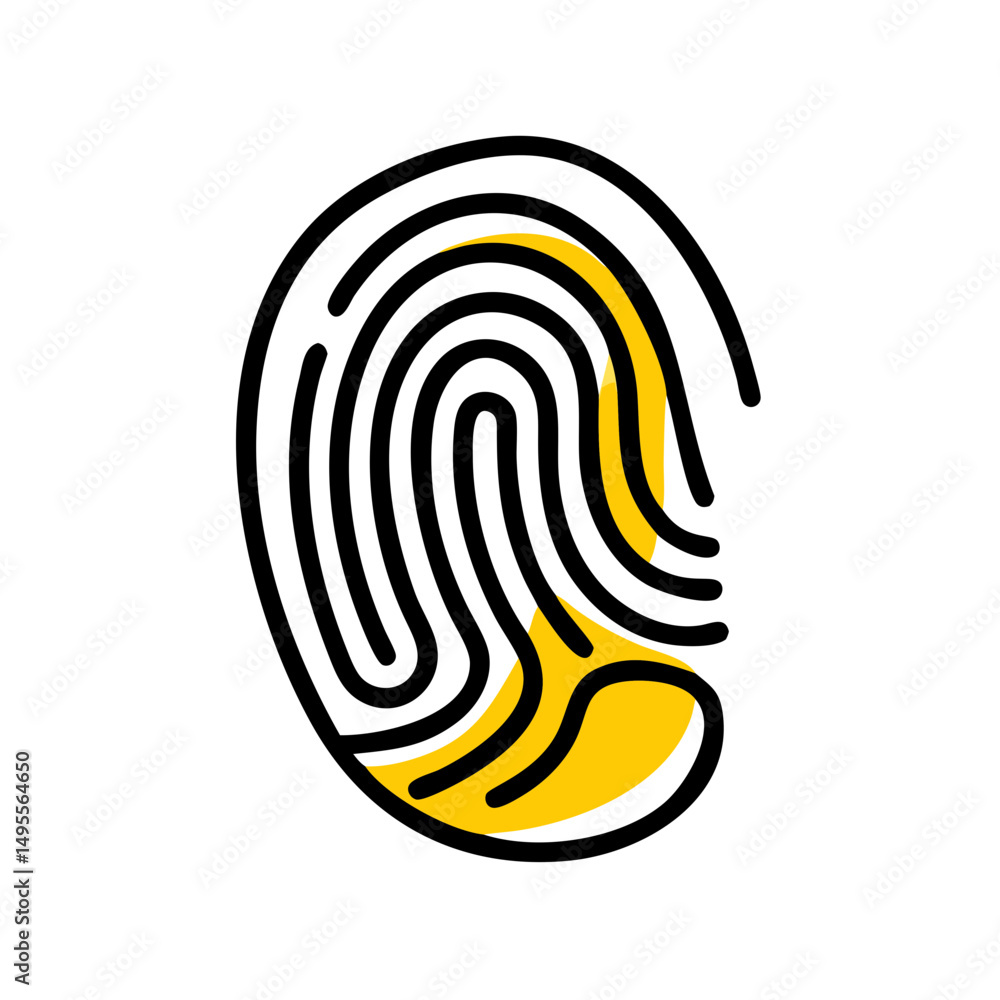 Poster stylized black outline of a fingerprint with yellow highlighting. could be used for security blogs o