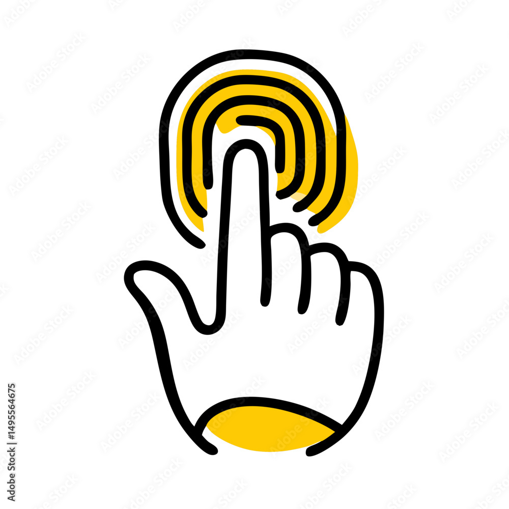 Poster doodle-style icon of a hand with a finger touching a fingerprint scan area. could be used for securi
