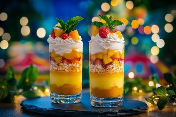 Two glasses of layered dessert with mango, strawberries, and whipped cream.