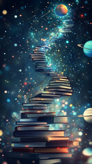 A surreal staircase made of books ascending into a starry cosmos with planets in the background