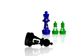 Chess made from EU flag. Wind and sun is alternative source of electricity. Green and clean energy power without CO2 emissions