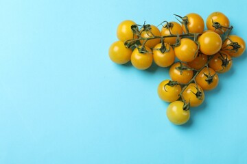 Ripe yellow cherry tomatoes on light blue background, flat lay. Space for text