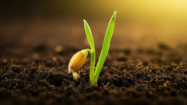 Timelapse Macro Of Wheat Sprout Emerging From Soil In Golden Light