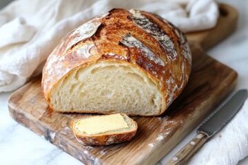 Naklejka premium Fresh rustic bread with butter