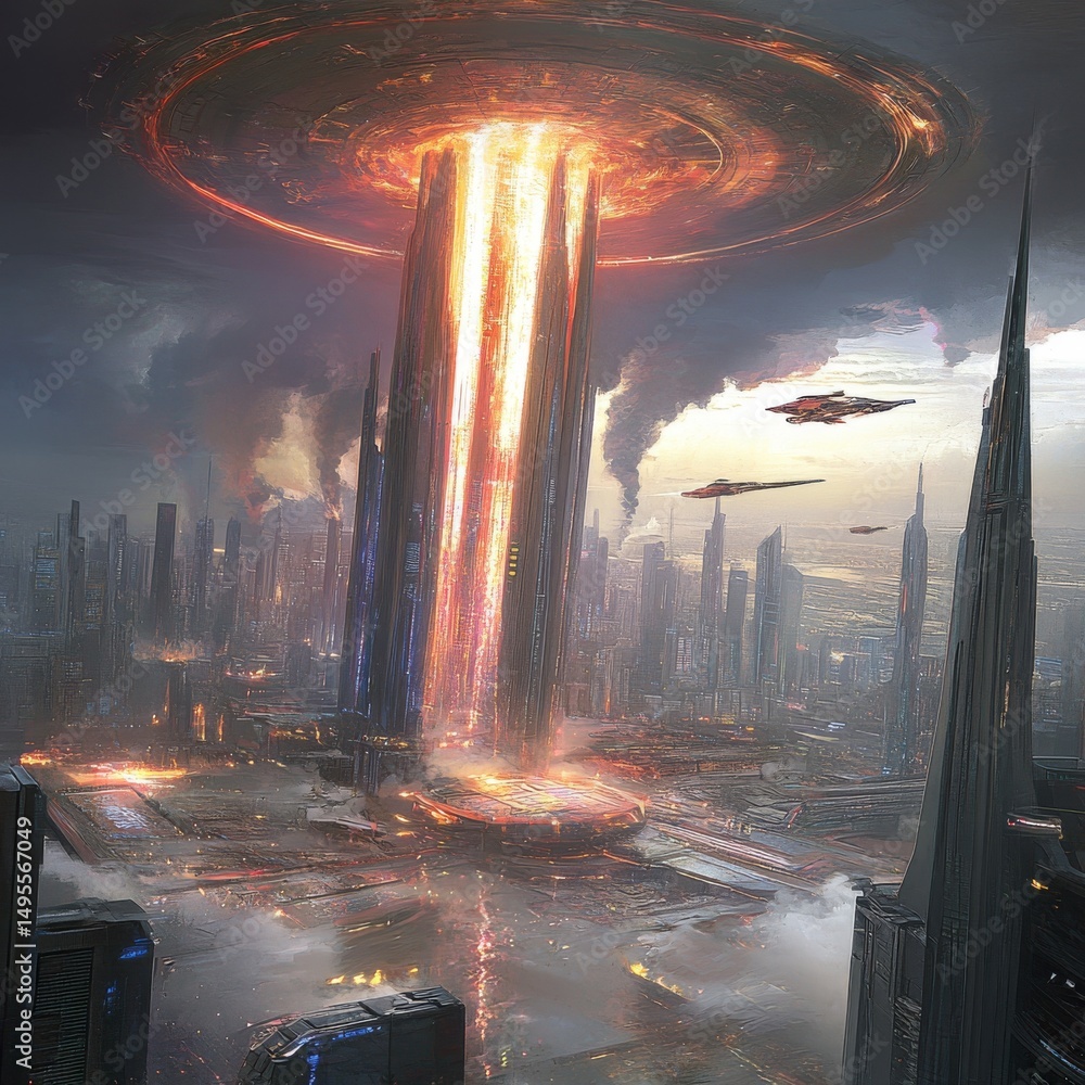 Poster representation of a futuristic urban landscape beneath a huge glowing digital cloud, symbolizing dat
