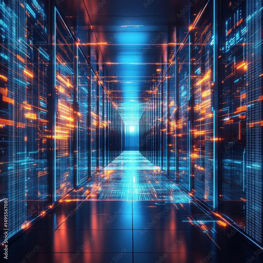 Poster a futuristic 3d data tunnel illuminated by glowing blue and orange grid lines serves as a symbol for