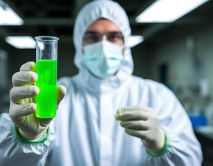 Lab technician presents a test tube filled with vibrant green liquid, symbolizing scientific innovation. Perfect for use in healthcare ads, educational materials, and research publications