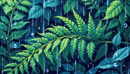 Fototapeta premium radiant rain soaked fern in an illustrative style, with emerald and slate blue colors, crisp lines, detailed leaves, harmonious vibe, high resolution