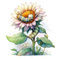 Cute Cartoon Caterpillar Sleeping in a Sunflower