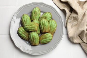 Tasty matcha madeleine cakes on white tiled table, top view