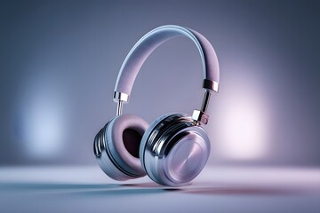 Floating silver headphones create a captivating ambience in a dreamy space