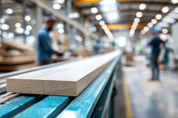 Bright factory producing particle board kitchens with engaging machinery and lively designs