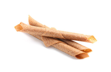 Delicious fruit leather rolls on white background