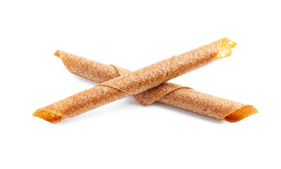 Delicious fruit leather rolls on white background